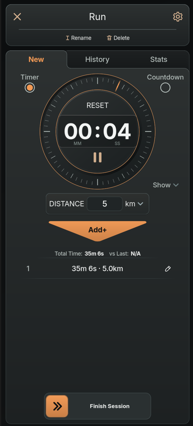 Waru run timer with distance and session logging